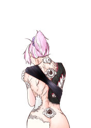 Rule 34 | 10s, 1girl, abyssal ship, amefurashi, aoba (kancolle), ass, back, dark persona, from behind, kantai collection, messy hair, pale skin, pink hair, ponytail, scar, scrunchie, self hug, short hair, simple background, solo, stitches, subdermal port, upper body, white background