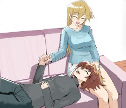 Rule 34 | 1boy, 1girl, :d, black pants, blonde hair, blue shirt, blush, breasts, closed eyes, collarbone, couch, couple, grey shirt, hair between eyes, hand on another&#039;s head, indoors, lap pillow, long hair, long sleeves, lying, medium breasts, on back, open mouth, pants, rourou ill, shirt, short shorts, shorts, simple background, sitting, smile, straight hair, tenjouin asuka, very long hair, white background, white shorts, yu-gi-oh!, yu-gi-oh! gx, yuki judai