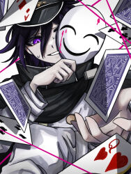 Rule 34 | 1boy, black cloak, blood, card, cloak, commentary request, danganronpa (series), danganronpa v3: killing harmony, foreshortening, geruidoshifa, glowing, glowing eyes, hair between eyes, hat, holding, holding mask, long sleeves, looking at viewer, male focus, mask, mask over one eye, nervous sweating, oma kokichi, pink blood, playing card, purple eyes, purple hair, short hair, simple background, solo, sweat, upper body, white background