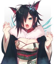 Rule 34 | 1girl, animal ears, black hair, breasts, choker, claw pose, cleavage, dragon ears, earrings, eyes visible through hair, gradient hair, green eyes, hair ornament, hair over one eye, hairpin, japanese clothes, jewelry, kimono, multicolored hair, ngtr kaina, obi, open mouth, puzzle &amp; dragons, red hair, ringed eyes, roche (p&amp;d), sash, stud earrings, tongue, tongue out