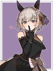 Rule 34 | 1girl, absurdres, animal ears, bare shoulders, black dress, black gloves, blush, border, bow, breasts, curren chan (sakutsuki ma cherie) (umamusume), dress, ear covers, ear ornament, elbow gloves, finger to mouth, gloves, grey hair, heart, highres, horse ears, horse girl, horse tail, looking at viewer, maromaron taitei, medium breasts, official alternate costume, one-hour drawing challenge, purple background, purple eyes, short hair, simple background, sleeveless, sleeveless dress, solo, tail, the promised time: silks &amp; three riddles (umamusume), umamusume, white border