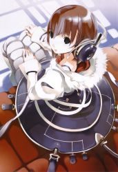 Rule 34 | 1girl, absurdres, blue eyes, boots, brown hair, from above, fur, girl&#039;s avenue, headphones, highres, houden eizou, knee boots, looking back, looking up, megami magazine, non-web source, short hair, sitting, skirt, solo