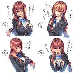 Rule 34 | 1girl, blazer, blouse, blue bow, blush, bow, braid, breasts, brown hair, closed eyes, closed mouth, collared shirt, commentary request, crossed fingers, dress shirt, expressions, hair between eyes, hand on own cheek, hand on own chest, hand on own face, highres, jacket, kurumi shinoha, large breasts, long hair, long sleeves, looking at viewer, looking to the side, low tied hair, mole, mole under mouth, multiple views, open mouth, original, piromizu, purple eyes, school uniform, scrunchie, shirt, single braid, translation request, white background, white shirt, x fingers
