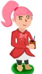 Rule 34 | 1girl, animal crossing, dress, drink, green starman, holding, holding drink, looking at viewer, nintendo, red dress, simple background, standing, villager (animal crossing), white background