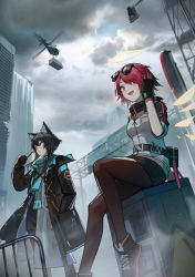 Rule 34 | 2girls, angel wings, animal ear fluff, animal ears, aqua eyes, arknights, belt, black hair, black jacket, black legwear, blush, building, character request, city, cityscape, cloud, cloudy sky, doctor (arknights), exusiai (arknights), eyewear on head, female doctor (arknights), halo, highres, id card, jacket, looking at viewer, mek, multiple girls, name tag, open mouth, outdoors, pantyhose, red eyes, red hair, shoes, short hair, sitting, sky, skyscraper, standing, sunglasses, sunglasses on head, wings