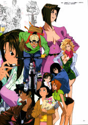 Rule 34 | 1990s (style), 1996, 1boy, 6+girls, absurdres, angry, backpack, bag, baseball cap, belt, bent over, bicycle, black hair, blonde hair, blouse, bouquet, braid, breasts, breasts apart, brown hair, carrying, chie (golden boy), cleavage, coat, dog tags, everyone, eyeshadow, fanny pack, flower, golden boy, hairband, hand on own hip, hat, hayami ayuko, highres, hip focus, huge filesize, jewelry, kanzaki yuka, katsuda naoko, kawamoto toshihiro, large breasts, leaning forward, lipstick, long hair, makeup, medium breasts, miniskirt, multiple girls, nail polish, necklace, no bra, noriko (golden boy), onna producer, onna shachou, ooe kintarou, open clothes, open mouth, open shirt, orange hair, paintbrush, ponytail, randoseru, red hair, retro artstyle, scan, scarf, shirt, shoes, short hair, simple background, skirt, smile, sneakers, standing, suspenders, sweat, sweater, terayama reiko, twin braids, wavy hair, white background