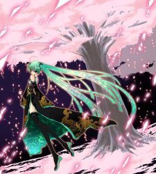 Rule 34 | 1girl, ahoge, aqua eyes, aqua hair, bad id, bad pixiv id, cherry blossoms, detached sleeves, female focus, gradient background, hatsune miku, highres, japanese clothes, kimono, legs, long hair, nature, outdoors, petals, solo, thighhighs, twintails, usa (cubic), very long hair, vocaloid, zettai ryouiki