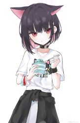 Rule 34 | 1girl, animal ears, black choker, black hair, black jacket, black mask, blue archive, blush, cat ears, choker, closed mouth, clothes around waist, collarbone, colored inner hair, extra ears, food, halo, highres, holding, holding spoon, ice cream, jacket, jacket around waist, kazusa (band) (blue archive), kazusa (blue archive), looking at viewer, mask, mask pull, mouth mask, multicolored hair, noko (nco029685627), pink hair, pink halo, pleated skirt, red eyes, shirt, short hair, short sleeves, simple background, skirt, solo, spoon, white background, white shirt, white skirt