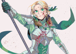 Rule 34 | 1girl, armor, blonde hair, blood, blood on face, closed mouth, fire emblem, fire emblem: three houses, gloves, green eyes, green gloves, holding, ingrid brandl galatea, nintendo, polearm, prrrr333, short hair, simple background, solo, upper body, weapon
