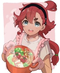 Rule 34 | 1girl, :d, ahoge, black hairband, blue eyes, border, commentary request, engawa de, gundam, gundam suisei no majo, hair between eyes, hairband, haro, highres, holding cooking pot, hotpot, long hair, looking at viewer, low ponytail, mushroom, open mouth, oven mitts, pink background, red hair, shiitake, shirt, short sleeves, smile, solo, steam, suletta mercury, t-shirt, tan, thick eyebrows, tomato, upper body, white border, white shirt