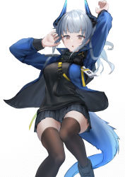 Rule 34 | 1girl, :o, arknights, arms up, black footwear, black scarf, black skirt, black sweater, blue jacket, blunt bangs, breasts, brown eyes, brown thighhighs, dragon girl, dragon horns, dragon tail, feet out of frame, grey hair, highres, horns, id card, jacket, large breasts, liskarm (arknights), long hair, long sleeves, looking at viewer, miniskirt, open clothes, open jacket, open mouth, scarf, simple background, skirt, solo, sthk, sweater, tail, thighhighs, v-shaped eyebrows, white background, zettai ryouiki