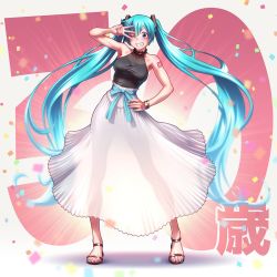 Rule 34 | 1girl, ;d, alternate costume, aqua eyes, aqua hair, black shirt, bracelet, breasts, collarbone, commentary request, confetti, emphasis lines, full body, grin, hair between eyes, hand on own hip, hand to head, hand up, hatsune miku, highres, jewelry, long hair, looking at viewer, medium breasts, middle w, nail polish, one eye closed, open mouth, sash, see-through, see-through skirt, shirt, skirt, sleeveless, smile, solo, taut clothes, taut shirt, tight clothes, tight shirt, toeless footwear, toenail polish, toenails, translation request, twintails, very long hair, vocaloid, w, white skirt, wokada