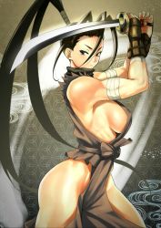 Rule 34 | 1girl, anagumasan, armpit peek, bandages, black eyes, black hair, breasts, capcom, closed mouth, commission, covered erect nipples, from side, gauntlets, hair between eyes, highres, holding, holding weapon, ibuki (street fighter), large breasts, muscular, muscular female, pelvic curtain, pixiv commission, ponytail, sideboob, solo, street fighter, street fighter iii (series), sword, thick thighs, thighs, weapon