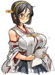 Rule 34 | 10s, 1girl, bare shoulders, black eyes, black hair, breasts, detached sleeves, glasses, green-framed eyewear, hairband, holding, huge breasts, kantai collection, kirishima (kancolle), long sleeves, nontraditional miko, paper, sachito, short hair, simple background, solo, white background