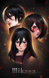 Rule 34 | 1girl, absurdres, age progression, aged down, artist name, black hair, blood, blood on face, bob cut, character name, closed mouth, dirty, dirty face, embers, grey eyes, hair between eyes, highres, long hair, looking at viewer, looking to the side, mattikarp, mikasa ackerman, multiple views, portrait, red scarf, scarf, shingeki no kyojin, short hair, upper body
