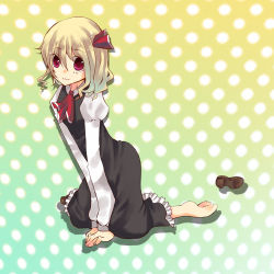 Rule 34 | 1girl, :3, barefoot, blonde hair, embodiment of scarlet devil, female focus, full body, gradient background, hair ribbon, lowres, red eyes, ribbon, rumia, shoes, single shoe, sitting, solo, suzumura tomo, touhou