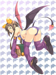 Rule 34 | 1girl, animal print, arm warmers, ass, bag, bat print, bat wings, bikini, blush stickers, breasts, brown hair, copyright request, green eyes, horns, large breasts, looking at viewer, mannen hitsu, purple legwear, smile, solo, star (symbol), swimsuit, tail, wings