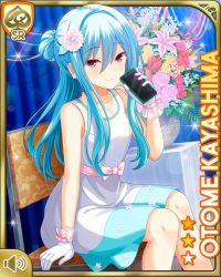 Rule 34 | 1girl, alternate hairstyle, blue hair, bow, card, chair, character name, closed mouth, dress, flower, girlfriend (kari), indoors, kayashima otome, long hair, mobile phone, night, official art, qp:flapper, red eyes, sitting, smile, tagme, vase, very long hair, white bow, white dress
