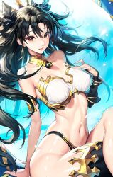 Rule 34 | 1girl, armlet, ass, bikini, black hair, black thighhighs, bracelet, breasts, curvy, detached sleeves, earrings, fate/grand order, fate (series), gold trim, hair ribbon, hand on own chest, heavenly boat maanna, highres, hoop earrings, ishtar (fate), jewelry, long hair, looking at viewer, medium breasts, mismatched bikini, navel, neck ring, open mouth, parted bangs, punc p, red eyes, revealing clothes, ribbon, shiny skin, single detached sleeve, single thighhigh, smile, solo, swimsuit, thighhighs, thighlet, thighs, thong, tiara, twintails, two side up, very long hair, wide hips