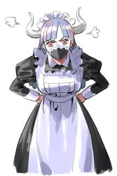 Rule 34 | 1girl, alternate costume, apron, black dress, blue hair, breasts, commentary, covered mouth, cowboy shot, curled horns, dress, enmaided, hands on own hips, horns, juliet sleeves, leaning forward, long hair, long sleeves, looking at viewer, maid, maid apron, maid headdress, mask, medium breasts, mouth mask, multicolored hair, one piece, pink eyes, pout, puffy sleeves, raine (acke2445), red hair, simple background, solo, straight hair, streaked hair, transparent background, two-tone hair, ulti (one piece), v-shaped eyebrows, white background