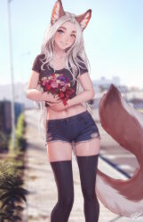 Rule 34 | 1girl, animal ear fluff, animal ears, black thighhighs, blue eyes, blurry, blurry background, bouquet, breasts, commentary, cutoffs, flower, fox ears, fox girl, fox tail, freckles, heterochromia, highres, holding, holding bouquet, long hair, looking at viewer, losse (personal ami), midriff, navel, nude, original, paid reward available, personal ami, shorts, small breasts, smile, solo, symbol-only commentary, tail, thick eyebrows, thighhighs, white hair, yellow eyes