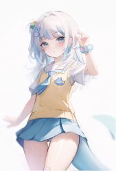 Rule 34 | 1girl, bandaid on thigh, blue eyes, blue hair, blue necktie, blue skirt, blush, fins, fish tail, gawr gura, gawr gura (school uniform), grey hair, hair ornament, highres, hololive, hololive english, koahri, long hair, looking at viewer, multicolored hair, necktie, school uniform, shark hair ornament, shark tail, short sleeves, side ponytail, simple background, skirt, solo, streaked hair, tail, thigh gap, vest, virtual youtuber, white background, yellow vest