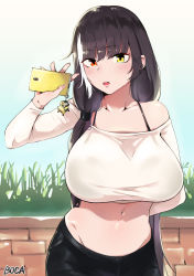 Rule 34 | artist name, banana (girls&#039; frontline), bare shoulders, belly, black bra, black hair, black pants, blunt bangs, blush, boca, bra, breasts, brick, cellphone, cellphone charm, charm (object), collarbone, crop top, dinergate (girls&#039; frontline), earrings, girls&#039; frontline, grass, hair tie, heterochromia, highres, jewelry, large breasts, long hair, long sleeves, looking at viewer, low tied hair, low twintails, midriff, multicolored hair, navel, open mouth, orange eyes, pants, phone, ro635 (girls&#039; frontline), see-through, shirt, silver hair, smartphone, solo, standing, streaked hair, tight clothes, tight pants, twintails, underwear, waving, white shirt, yellow eyes
