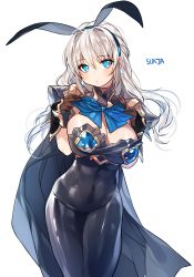 Rule 34 | 1girl, animal ears, artist name, bad id, bad pixiv id, blue bow, blue eyes, blush, bow, breasts, rabbit ears, cape, cleavage, fake animal ears, gloves, hair ribbon, large breasts, long hair, looking at viewer, original, ribbon, silver hair, simple background, solo, standing, sukja