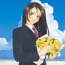 Rule 34 | 1girl, album cover, black jacket, bouquet, brown eyes, brown hair, cloud, collared shirt, commentary, cover, diploma, english commentary, flower, highres, holding, holding bouquet, holding diploma, jacket, long hair, looking at viewer, necktie, original, outdoors, parted lips, pink lips, red necktie, shirt, sky, solo, upper body, white shirt, yellow flower, yue (yung n dum )