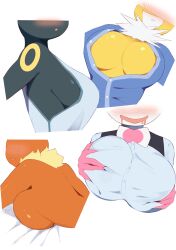 Rule 34 | 4girls, :o, absurdres, breasts, buttons, cleavage, creatures (company), cropped torso, faceless, faceless female, female focus, flareon, fur collar, furry, furry female, game freak, gen 1 pokemon, gen 2 pokemon, gen 6 pokemon, grabbing own breast, highres, huge breasts, jolteon, large breasts, long sleeves, lying, multiple girls, nintendo, no bra, on stomach, open mouth, personification, pokemon, pokemon (creature), shirt, sideboob, simple background, sleeveless, sleeveless shirt, smile, sylveon, topless, umbreon, umisag85rabb99, unbuttoned, unbuttoned shirt, white background