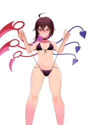 Rule 34 | 1girl, ahoge, alternate costume, asymmetrical wings, bikini, black bikini, black hair, blue wings, blush, breasts, closed mouth, colored inner hair, commentary, commission, english commentary, feet out of frame, front-tie bikini top, front-tie top, hair between eyes, highres, houjuu nue, long hair, looking at viewer, multicolored hair, navel, purple hair, recare, red eyes, red wings, second-party source, side-tie bikini bottom, simple background, small breasts, smile, solo, string pull, swimsuit, touhou, white background, wings