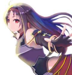 Rule 34 | 1girl, ahoge, armor, bare shoulders, detached sleeves, fingerless gloves, gloves, hairband, highres, long hair, looking at viewer, outstretched arms, purple hair, red eyes, red hairband, solo, sword art online, white background, yusyajisanyo, yuuki (sao)