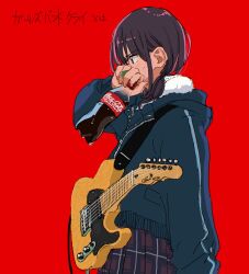 Rule 34 | 1girl, blue jacket, blush, bottle, coca-cola, electric guitar, from side, fur-trimmed jacket, fur trim, girls band cry, green eyes, guitar, highres, holding, holding bottle, holding instrument, holding plectrum, instrument, jacket, long sleeves, plaid, plaid skirt, pleated skirt, plectrum, purple hair, red background, skirt, solo, sweatdrop, takekumo, upper body