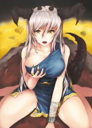 Rule 34 | 1girl, absurdres, bad id, bad pixiv id, bandages, bare shoulders, bbayu, belt, blood, breast press, breasts, cuffs, dragon girl, dragon tail, dress, eyelashes, fangs, fingernails, grey hair, highres, horns, jewelry, large breasts, long hair, lava, open mouth, original, personification, ring, shackles, sharp fingernails, sitting, sleeveless, solo, tail, wariza, yellow eyes