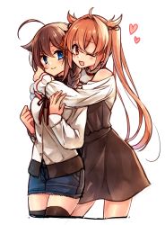Rule 34 | 2girls, ;d, absurdres, ahoge, black dress, black legwear, blue eyes, blue skirt, blush, brown hair, casual, cropped legs, dress, hair flaps, heart, highres, hug, hug from behind, kantai collection, long sleeves, momoiro, multiple girls, murasame (kancolle), one eye closed, open mouth, red eyes, remodel (kantai collection), shigure (kancolle), simple background, skirt, smile, thighhighs, twintails, white background, zettai ryouiki