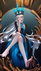 Rule 34 | 1girl, absurdres, bare legs, barefoot, black dress, blue dress, breasts, closed mouth, commentary, crossed legs, crown, dress, fate/grand order, fate (series), feet, full body, grey eyes, grey hair, hand up, highres, ksb (qwop03), legs, long hair, long sleeves, looking at viewer, medium breasts, morgan le fay (fate), morgan le fay (queen of winter) (fate), sidelocks, sitting, soles, solo, sweat, throne, toes, two-tone dress, very long hair