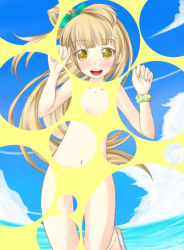 Rule 34 | 10s, 1girl, blonde hair, blue sky, blush, bubble filter, censored, cloud, collarbone, day, fisheye, hair ornament, hairclip, long hair, looking at viewer, love live!, love live! school idol project, minami kotori, navel, neats, nude, one side up, open mouth, sky, smile, solo, standing, standing on one leg, stomach, very long hair, wrist cuffs, yellow eyes