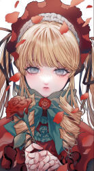 Rule 34 | 1girl, absurdres, aqua bow, aqua bowtie, aqua eyes, aqua rose, black ribbon, blonde hair, bonnet, bow, bowtie, capelet, dai2kakuu, doll joints, drill hair, eyelashes, falling petals, flower, hair ribbon, highres, holding, holding flower, joints, lolita fashion, long hair, looking at viewer, open mouth, petals, red capelet, red flower, red headwear, red rose, ribbon, rose, rozen maiden, shinku, simple background, solo, straight-on, teeth, twintails, upper body, upper teeth only, white background