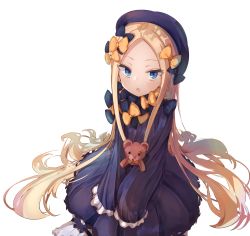 Rule 34 | 1girl, abigail williams (fate), absurdres, bad id, bad pixiv id, black bow, black dress, black hat, blonde hair, bloomers, blue eyes, blush, bow, dress, fate/grand order, fate (series), forehead, hair bow, hat, highres, long hair, long sleeves, looking at viewer, mikami hotaka, multiple hair bows, open mouth, orange bow, parted bangs, polka dot, polka dot bow, ribbed dress, simple background, solo, stuffed animal, stuffed toy, teddy bear, underwear, very long hair, white background, white bloomers
