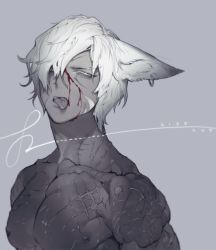 Rule 34 | 1boy, animal ears, blood, blood on face, cat ears, colored sclera, colored skin, ears down, fangs, final fantasy, final fantasy xiv, grey background, grey sclera, grey skin, greyscale, injury, looking at viewer, male focus, miqo&#039;te, monochrome, muscular, muscular male, pectorals, pigeon666, scar, scar on chest, scars all over, signature, simple background, solo, tongue, tongue out, too many, scars all over, upper body, warrior of light (ff14), white eyes, white hair