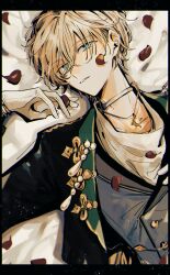 Rule 34 | 1boy, absurdres, bed, black jacket, blonde hair, blue eyes, choker, ensemble stars!, gold necklace, green jacket, grey vest, highres, jacket, jewelry, looking at viewer, lying, male focus, multicolored clothes, multicolored jacket, necklace, ninomiya (t 238 t), on back, petals, rose petals, shirt, short hair, solo, tenshouin eichi, vest, white choker, white shirt
