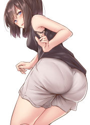 Rule 34 | 1girl, absurdres, akizuki (kancolle), alternate costume, ass, beige shorts, black hair, black shirt, blush, breasts, from behind, head tilt, highres, kantai collection, kiritto, long hair, looking at viewer, medium breasts, open mouth, pantylines, shirt, shorts, simple background, sleeveless, sleeveless shirt, solo, sweat, white background