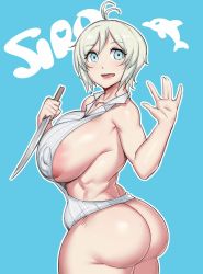 Rule 34 | .live, 1girl, areola slip, ass, blue eyes, breasts, curvy, highres, huge ass, huge breasts, knife, large areolae, looking at viewer, meme attire, natedecock, open mouth, short hair, dennou shoujo siro, smile, solo, standing, thick thighs, thighs, virgin killer sweater, virtual youtuber, white hair, wide hips