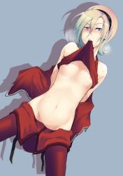 Rule 34 | 1boy, ash crimson, blonde hair, blue eyes, cheerio, clothes lift, clothes pull, freckles, heavy breathing, jacket, male focus, navel, nipples, no panties, off shoulder, pants, pants pull, red pants, shirt lift, solo, sweat, the king of fighters, trap, undressing