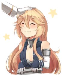Rule 34 | 10s, 1girl, :3, ^ ^, admiral (kancolle), alternate breast size, blonde hair, breasts, closed eyes, elbow gloves, closed eyes, gloves, hair between eyes, hand on another&#039;s head, head pat, headpat, ido (teketeke), iowa (kancolle), kantai collection, long hair, long sleeves, small breasts, smile, solo focus, star (symbol), starry background, white background, white gloves, aged down
