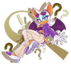 Rule 34 | !, !!, 1girl, ?, ??, ass, bat girl, belt, blue eyeshadow, breasts, cleavage, closed mouth, eyeshadow, full body, furry, furry female, gloves, green eyes, high heels, highres, jacket, large breasts, lipstick, looking at viewer, makeup, medium breasts, midriff, pants, purple jacket, rouge the bat, shoes, signature, sketchytodd, smile, solo, sonic (series), strapless, tail, the murder of sonic the hedgehog, tube top, white gloves