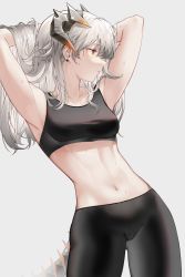 Rule 34 | 1girl, absurdres, alternate costume, arknights, armpits, arms up, black pants, breasts, cameltoe, closed mouth, collarbone, cowboy shot, dpea9, dragon girl, dragon horns, dragon tail, earrings, expressionless, gluteal fold, gradient background, grey background, hands in hair, highres, horns, jewelry, long hair, looking away, looking to the side, medium breasts, navel, orange eyes, pants, saria (arknights), silver hair, solo, sports bra, sportswear, stomach, sweat, tail, toned, yoga pants