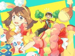 Rule 34 | 1boy, 1girl, beanie, brendan (pokemon), brown hair, buneary, capri pants, commentary request, creatures (company), egg, eyelashes, game freak, gen 2 pokemon, gen 3 pokemon, gen 4 pokemon, green bag, grey eyes, hairband, hands up, hat, holding, ittumozzz, long hair, looking at viewer, may (pokemon), may (spring 2021) (pokemon), nintendo, official alternate costume, open mouth, pants, pantyhose, pokemon, pokemon (creature), pokemon masters ex, shoes, short sleeves, togepi, tongue, torchic, yellow hairband, yellow pantyhose