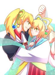 Rule 34 | blonde hair, blonde oekaki girl (touhou), blush, gender request, genderswap, hair ornament, highres, holding hands, japanese clothes, looking at another, ponytail, portrait of exotic girls, rokki hero, touhou