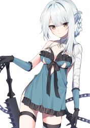 Rule 34 | 1girl, absurdres, asymmetrical hair, babydoll, bandaged arm, bandaged leg, bandages, braid, chain, cleaver, closed mouth, eyes visible through hair, gloves, highres, hinakano h, kaine (nier), lingerie, long hair, looking at viewer, negligee, nier, nier (series), ribbon, simple background, single braid, solo, standing, sword, underwear, weapon, white background, white hair, yellow eyes